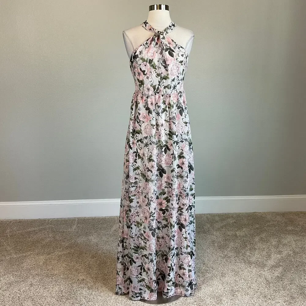Laundry Metallic Floral Print Sleeveless Halter Maxi Dress Pink Size 16 Gown